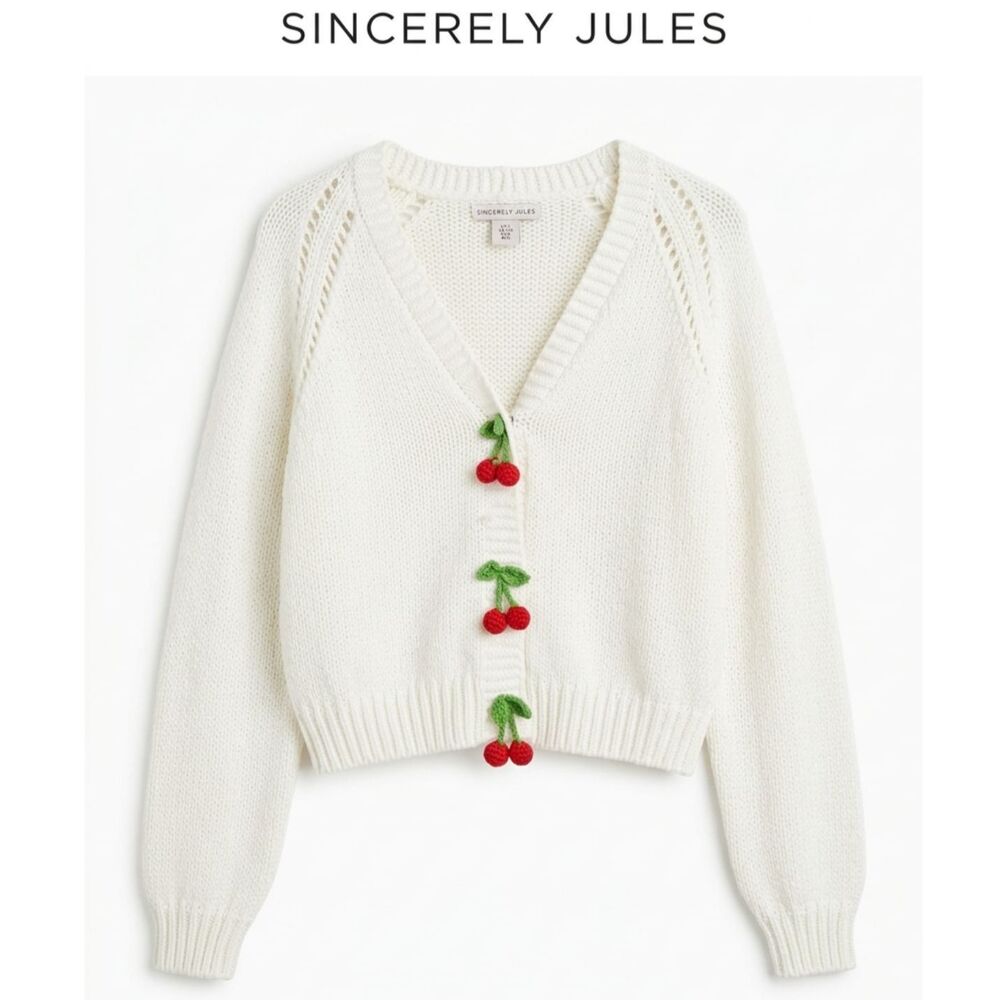 Sincerely Jules Chunky Knit Cherry Button Up Cropped Cardigan White Large